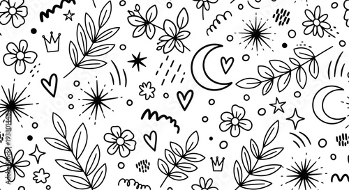 Whimsical Hand Drawn Celestial and Floral Doodles Pattern.