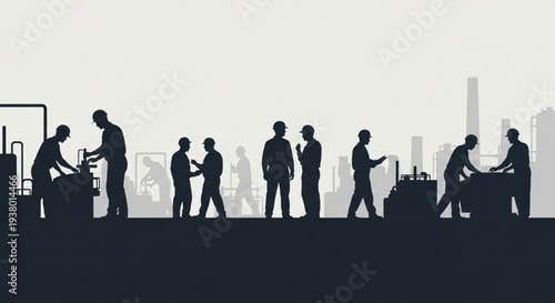 Silhouetted Workers in a Factory Setting, Engaged in Various Tasks.