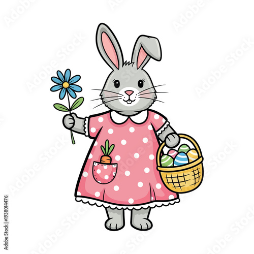 Easter sunday celebration with bunny holding flower and easter eggs