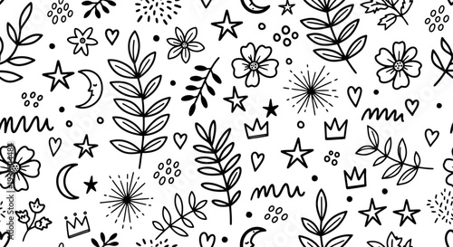 Whimsical Hand Drawn Doodle Pattern with Stars and Flowers.