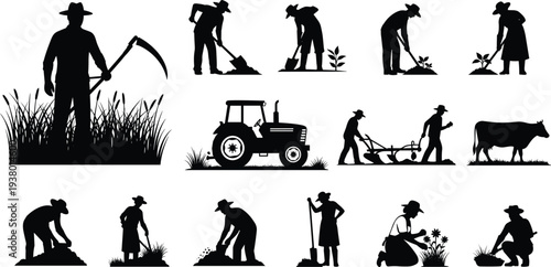 Black silhouette farmer character set with tractor, cow, gardening tools, harvesting wheat, planting seeds, agriculture farming icons, isolated on white background.