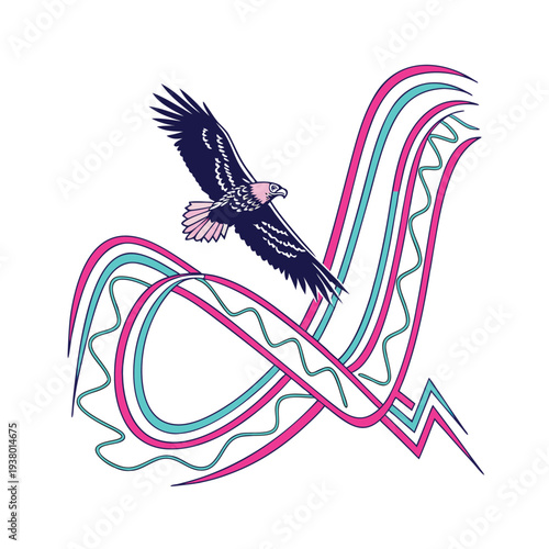 Vector illustration of flying eagle with colorful abstract lines