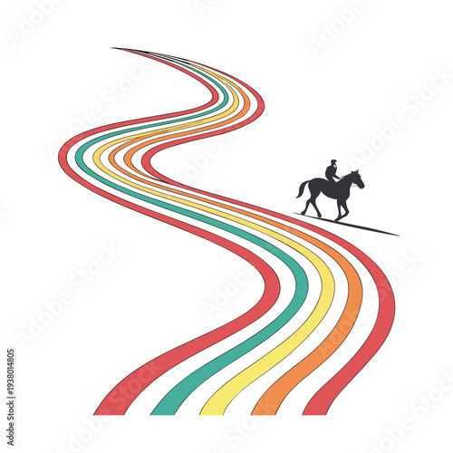 Vector illustration of horseback rider on colorful wavy road