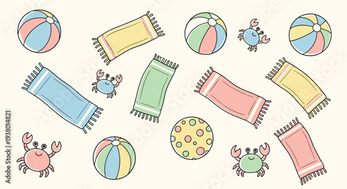 Cute cartoon beach balls, colorful towels, and playful crabs scattered on a light cream background for summer fun and vacation themes