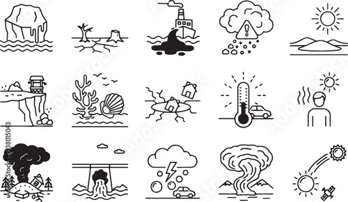 line drawings of various natural disasters and climate change
