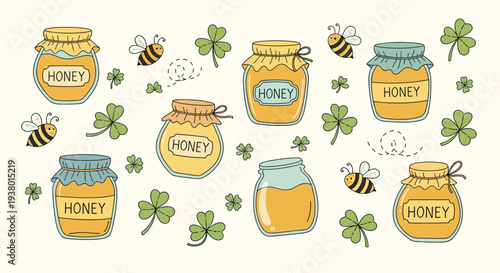 Charming Honey Jars with Bees and Clover Illustrations on a Creamy Background