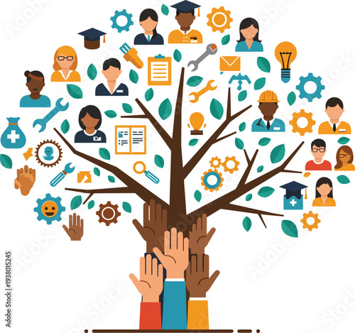 Diverse community people tree illustration with human faces and leaves representing unity and togetherness