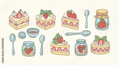 Delicious Strawberry Cakes and Jars of Jam with Spoons in a Whimsical Hand Drawn Style