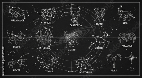 Zodiac Constellations - A Celestial Map of Astrological Signs.