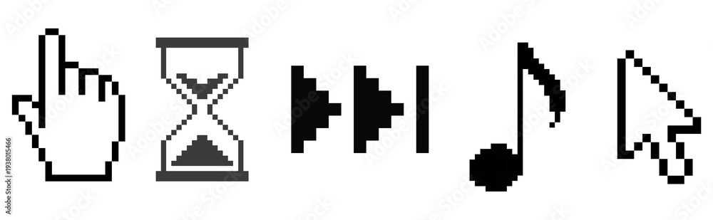 Obraz premium photograph of pixelated retro cursor icons, including a hand pointer, hourglass, fast-forward, and arrow for user interface.