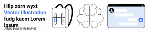 Education, technology, neuroscience, mental development, school tools, digital communication. Graphic of a backpack, brain and chat window interface. Education and technology-themed elements