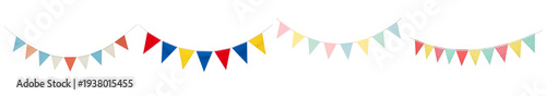 Photos vibrant photograph of festive party decorations, featuring colorful triangular pennant banners for celebratory events