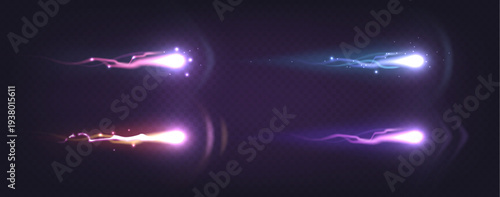 Futuristic laser gun firing effects set isolated on transparent background. Vector realistic illustration of bright energy beams, plasma trails, dynamic blast elements for space games, comics designs