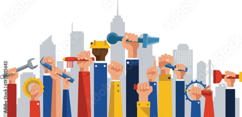 Diverse construction workers standing together in front of city skyline with tools