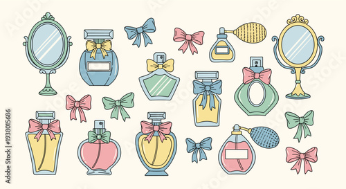Charming collection of vintage perfume bottles and decorative mirrors adorned with elegant bows in pastel colors on a cream background