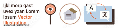 Globalization, translation services, localization, language learning, content accessibility, technology. Icons of a translation process, house and eye. Globalization and translation services concept