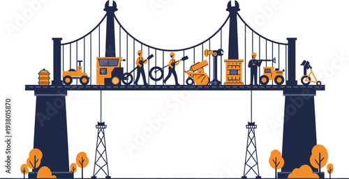 Construction workers on a suspension bridge with orange safety vests and hard hats at work