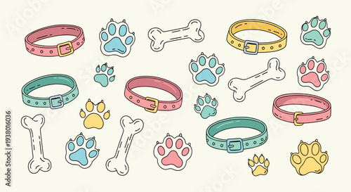 Collection of cute dog accessories including collars paw prints and bones on a light background