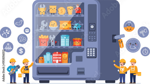 Vending machine with various products and workers standing next to it with coins