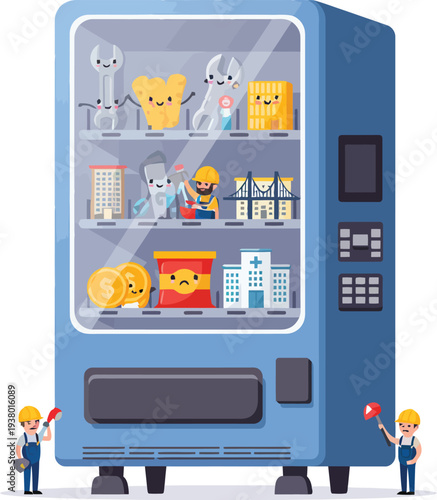 Blue vending machine with snacks and drinks on shelves and coin slot