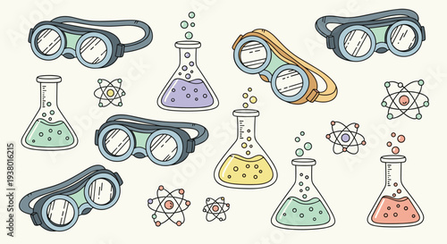 A collection of science laboratory equipment and atomic symbols with a light beige background for educational and research themes