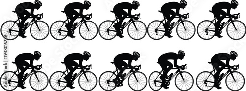 Black silhouette icons of professional cyclists riding road bikes for race competition outdoor sports and cad drawing flat vector illustration