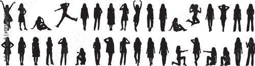 set of black silhouettes of women in various poses on white background