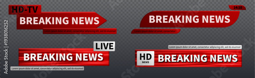 Breaking news banner template with red lower third bar for TV broadcast channels, realistic vector set of frames isolated on transparent background. Elegant header overlay graphic for live headlines