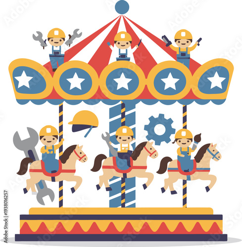 Colorful classic carousel with horses and other animals on a white background