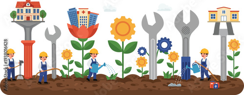 Garden tools with flowers and houses on handles illustration