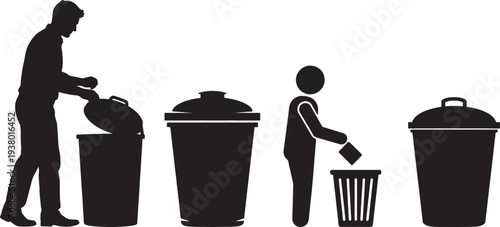 Silhouettes of people throwing trash into bins