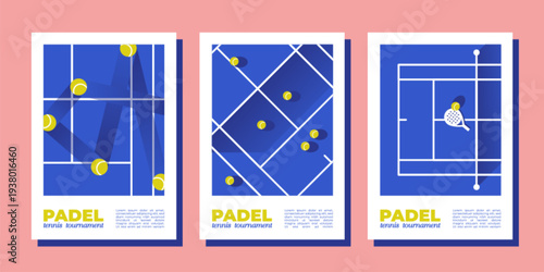 Padel tournament posters. Set of vector illustrations with court, rackets and ball, modern sport match flat banner design. Paddle tennis event flyers and competition templates