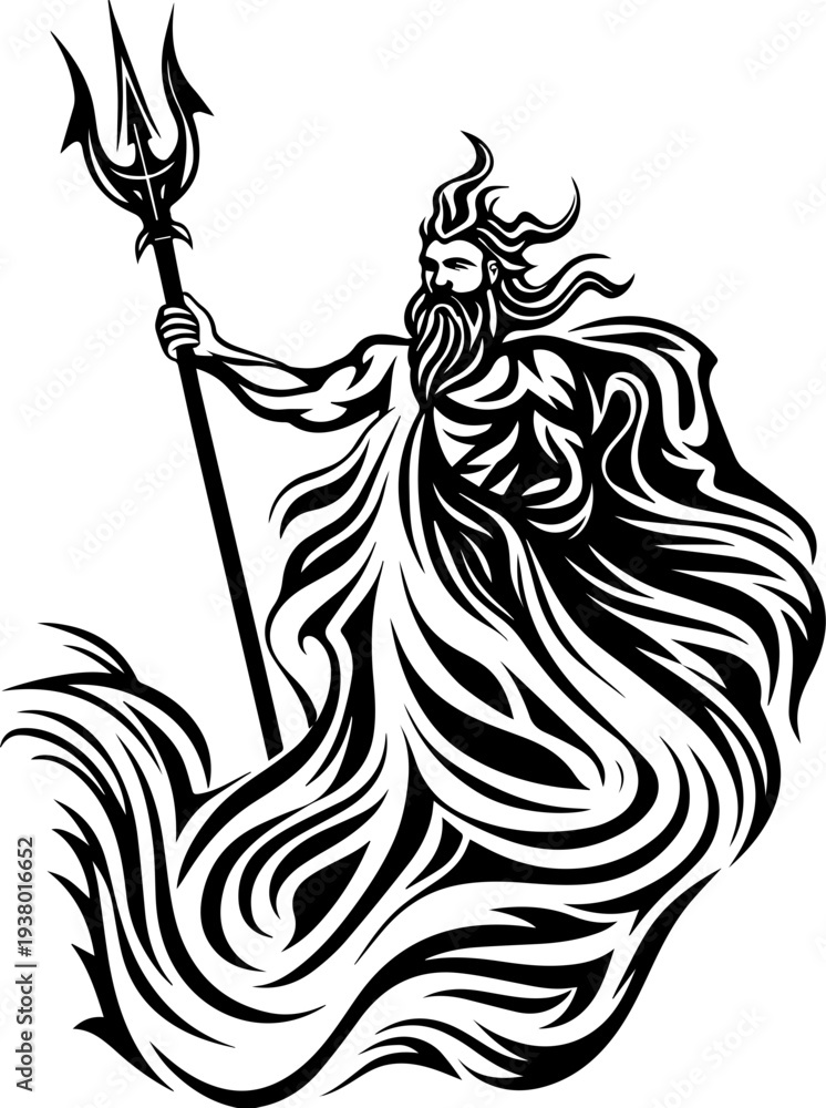 Fototapeta premium SVG dark fantasy Ghost Sea Kings skull ghost tattoo design. Majestic Ocean King with Trident and Flowing Hair in Black Vector Art
