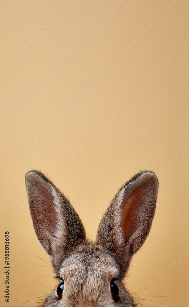 Obraz premium Cute bunny peeking from bottom of frame with big ears, minimal easter rabbit portrait on pastel background with copy space