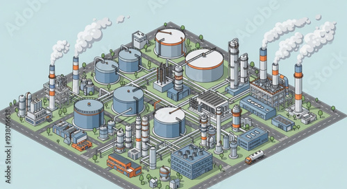 Industrial oil refinery complex with storage tanks and smokestacks.