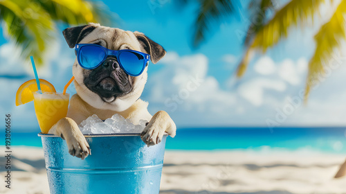 A funny pug wearing sunglasses sits in an ice bucket next to a cocktail on a tropical beach on a hot summer day