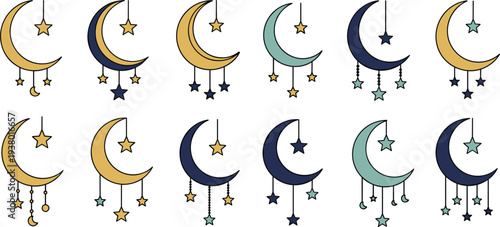 Cute Crescent Moon and Hanging Star Collection Illustration, Night Sky Decorative Moon Set with Stars for Baby Nursery, Dream, Sleep Theme Designs