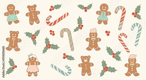 Festive Gingerbread Cookies and Candy Canes Scattered on a Creamy Background Perfect for Holiday Celebrations