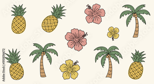 Tropical Summer Vibes with Pineapples Palm Trees and Hibiscus Flowers Seamless Pattern for Beach Vacation Designs