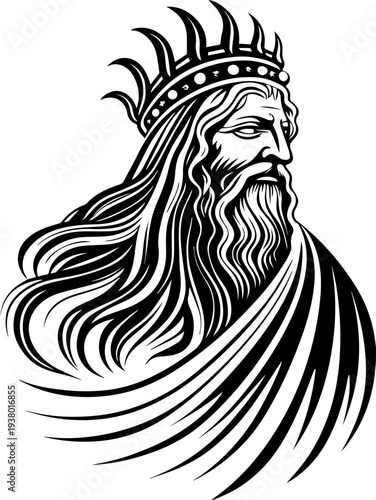 SVG dark fantasy Ghost Sea Kings skull ghost tattoo design. Elegant Black and White Illustration of a Bearded Crowned Monarch