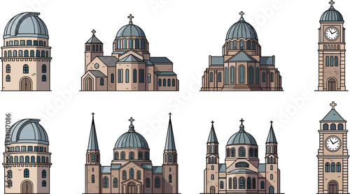 Church and Cathedral Architecture Collection with Domes Towers and Cross Symbols Vector Illustration Set for Christian Religion Buildings and Landmark Design