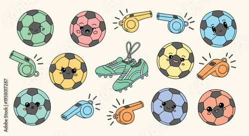 Cute cartoon soccer balls and whistles with happy faces and soccer shoes on a light background