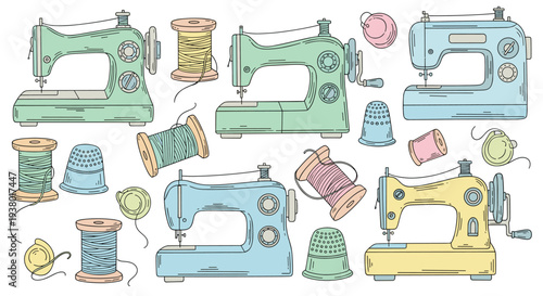 Collection of vintage sewing machines and spools of thread in pastel colors for crafting and DIY projects
