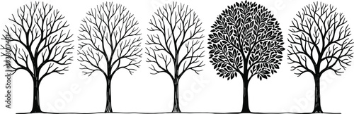 Black silhouette icons of various trees including bare branches and leafy canopy for nature forest landscape and cad drawing flat vector illustration