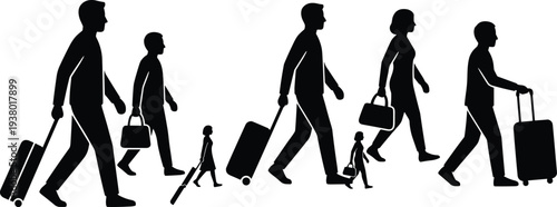 Black silhouettes of diverse family and travelers walking with suitcases and luggage isolated on white background for travel and tourism
