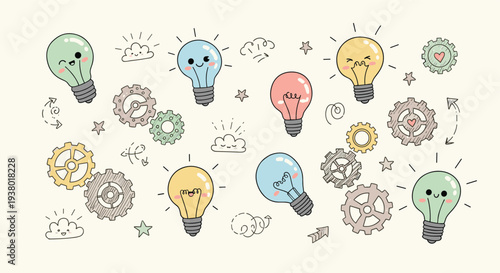 Charming cartoon light bulbs with happy faces and gears symbolizing innovation and creative ideas in a bright and cheerful illustration