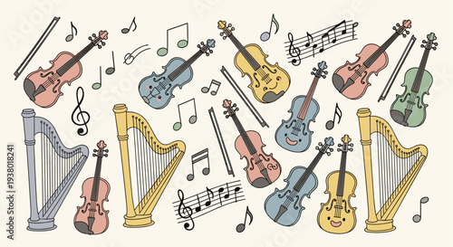 Enchanting Symphony of String Instruments and Musical Notes Adorning a Creamy Background