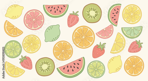 A vibrant assortment of fresh citrus fruits and berries artfully arranged on a light background creating a colorful and healthy summer fruit collage