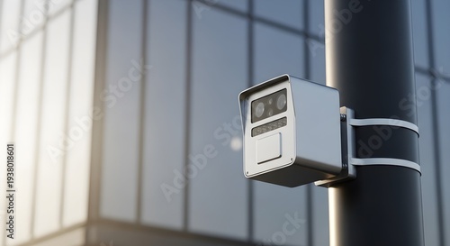Modern Smart City Traffic Monitoring Sensor Mounted on Urban Pole with Glass Buildings Background – Intelligent Infrastructure Technology Concept