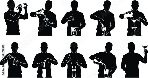 Black silhouettes of professional bartenders preparing mixing and serving cocktails isolated on white background for bar nightlife and hospitality service